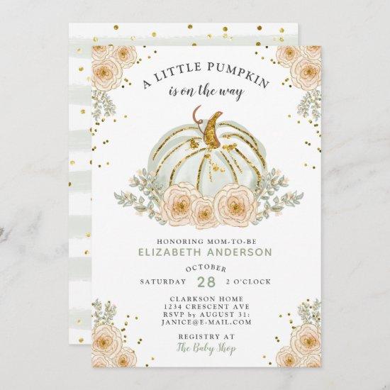 A Little Pumpkin Is On The Way Sweet Floral Mint Invitation