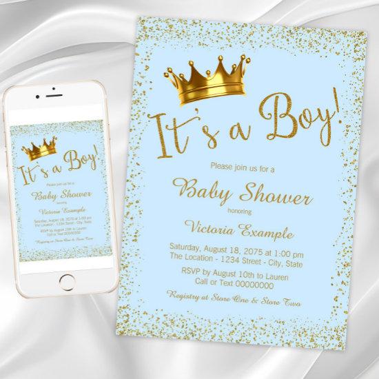 Baby Blue Gold Baby Boy Shower Invitation