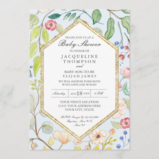 Baby Boy Shower Dusty Blue Watercolor Rose Floral Invitation