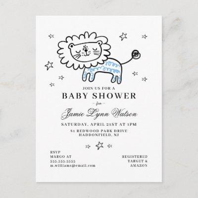 BABY SHOWER | Blue Doodle Lion Invitation Postcard