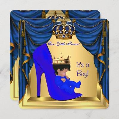 Baby Shower Boy Prince Royal Blue Shoe Gold Invitation