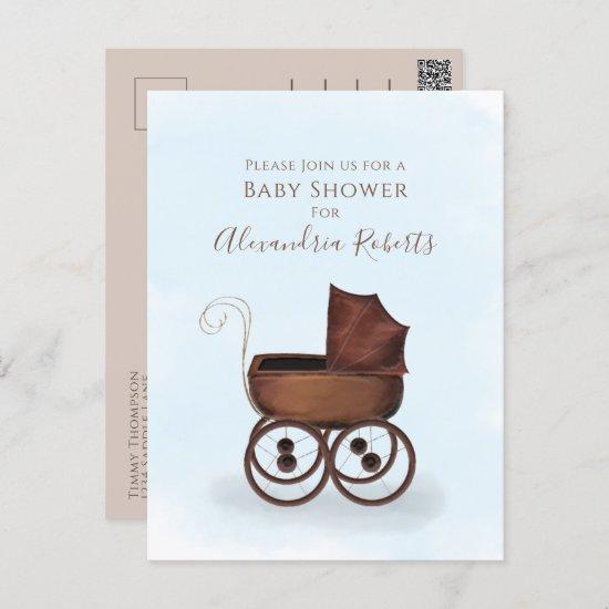Baby Shower Rustic Watercolor Blue Carriage Postcard