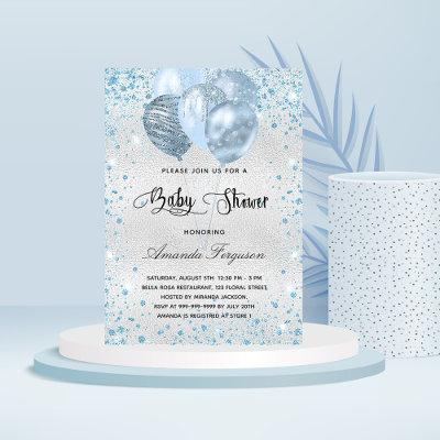 Baby shower silver blue glitter dust invitation postcard