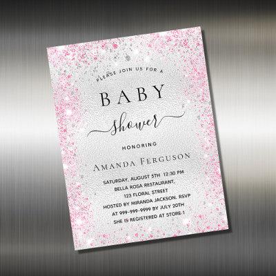 Baby shower silver glitter pink invitation magnet
