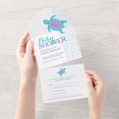 Baby shower watercolor turtle aqua pink blue all in one invitation
