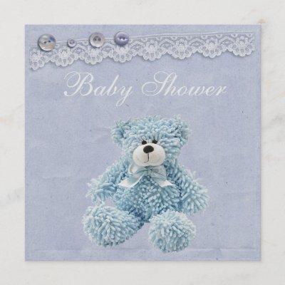Blue Teddy Bear Vintage Lace Baby Boy Shower Invitation