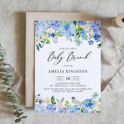 Blue Watercolor Rose and Hydrangea Baby Brunch Invitation