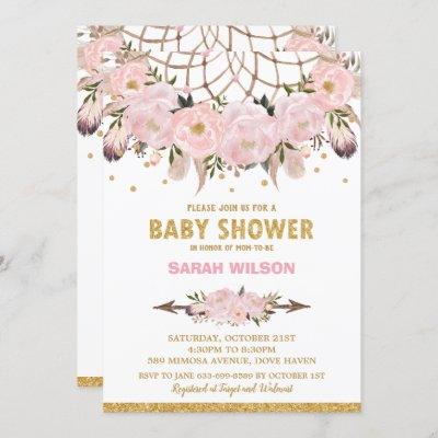Blush Floral Dream Catcher Baby Shower Girl Boho Invitation