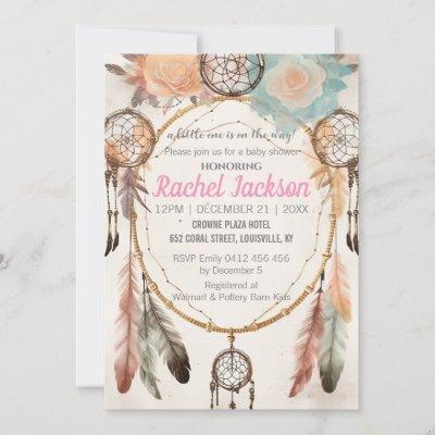 Boho Feather Dreamcatcher Baby Shower Watercolor Invitation