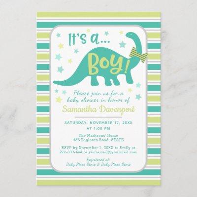 Boy Baby Dinosaur Mint Green Shower Invitation