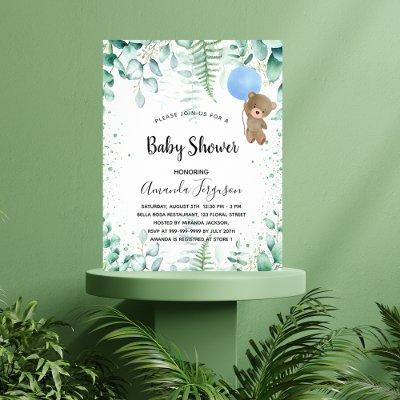 Budget Baby Shower teddy boy eucalyptus invitation