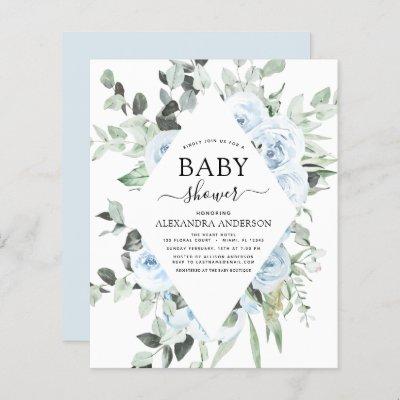 Budget Dusty Blue Baby Shower Floral Invitation