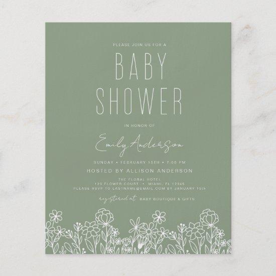 Budget Wildflower Boho Baby Shower Sage Green Flyer