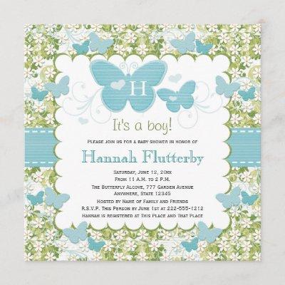 Butterfly Baby Boy Shower Invitations Monogrammed