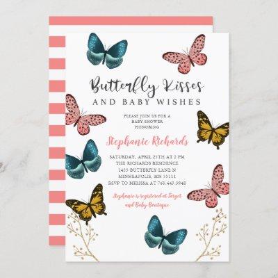 Butterfly Kisses and Wishes Pink Baby Shower Invitation