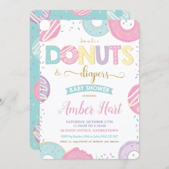 Chic Donuts and Diapers Baby Shower Gold Girl Invitation