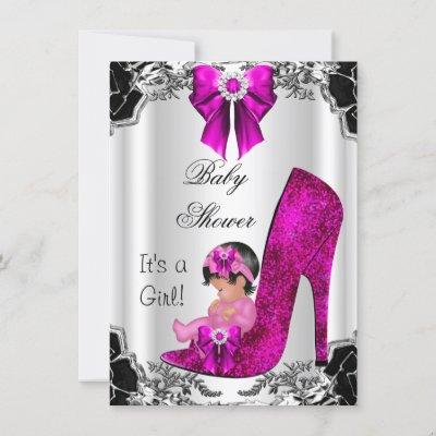 Cute Baby Shower Girl Hot Pink High Heel Floral Invitation