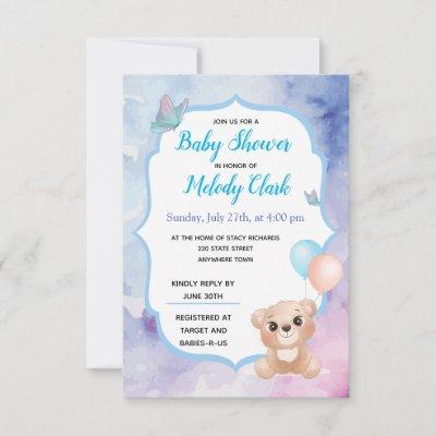 Cute Brown Bear Watercolor Bloy Baby Shower Invite