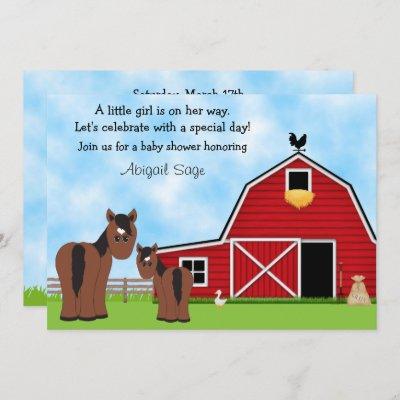 Cute Brown Horses and Red Barn