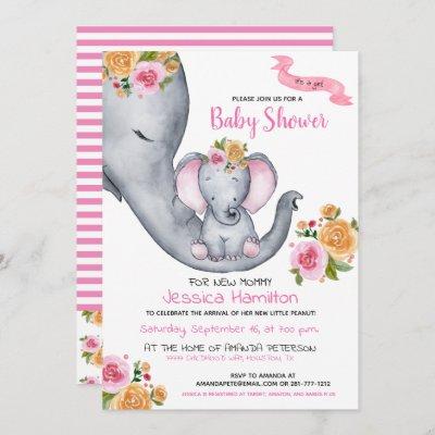 Cute Pink Baby Elephant Floral Girl