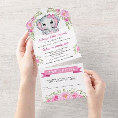 Cute Pink Bow Floral Elephant Baby Shower All In One Invitation