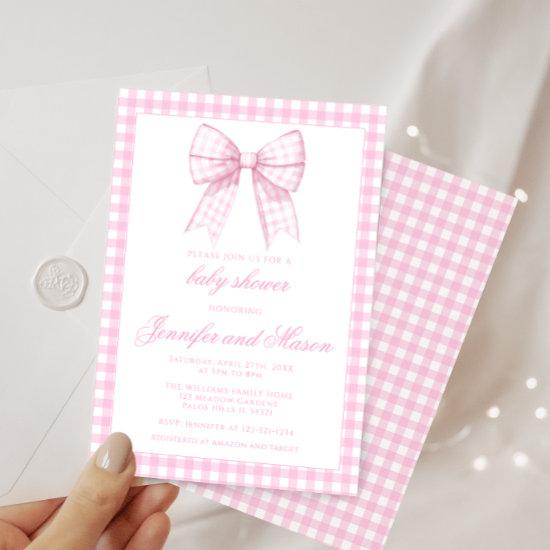 Cute pink bow ribbon baby girl shower invitation