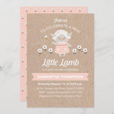Cute Pink Lamb Baby Girl Shower Invitation