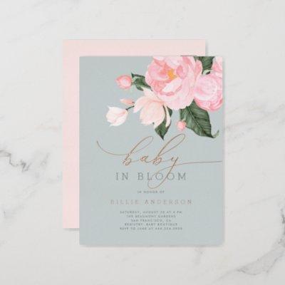 Dusty Blue Blush Floral Girl Baby in Bloom Shower Foil Invitation Postcard