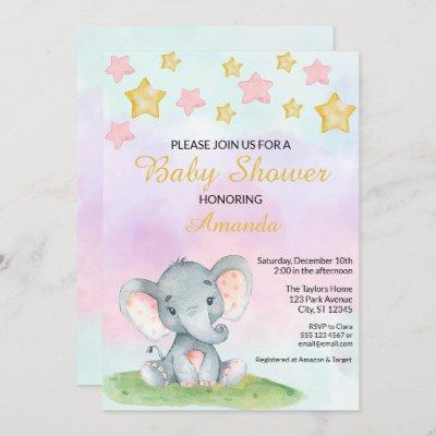 Elephant and stars Baby Shower watercolor style Invitation