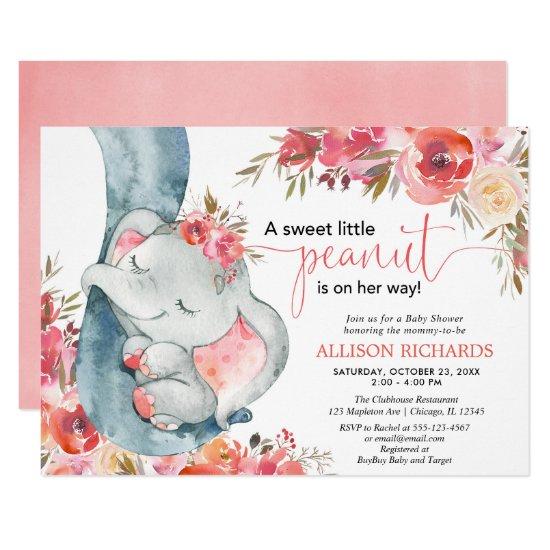 Elephant baby shower girl coral floral watercolos invitation