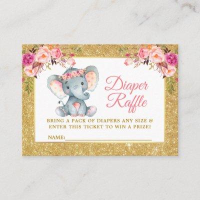 Elephant Pink Floral Diaper Raffle Shower Glitter Enclosure Card