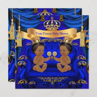 Ethnic Twin Baby Shower Boy Prince Blue Gold Invitation