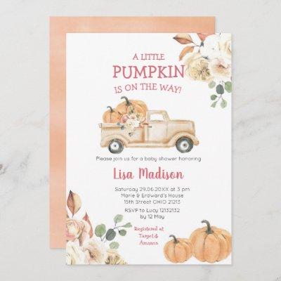 Fall Little Pumpkin Truck Baby Shower Girl Invitation