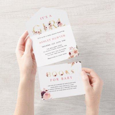 Floral Gold Letter Baby Shower | Books for Baby All In One Invitation