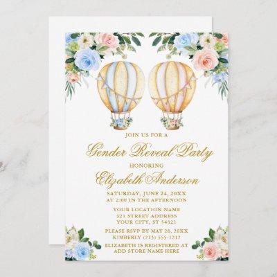 Gender Reveal Pink Blue Floral Hot Air Balloons Invitation