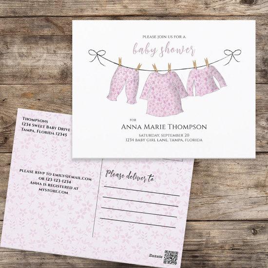 Girl Cute Pink Baby Clothesline Sweet Baby Shower Postcard