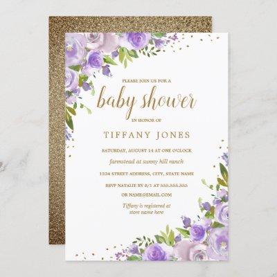 Gold Purple Floral Watercolor Baby Shower Invite