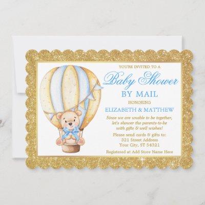 Hot Air Balloon Bear Glitter Blue Shower by Mail Invitation
