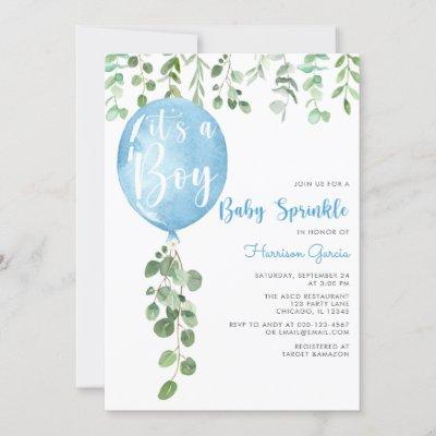 It's a boy baby sprinkle eucalyptus balloon invita invitation