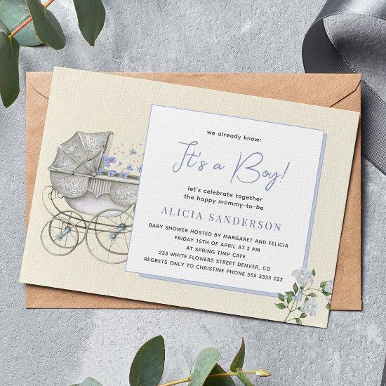 It's a boy vintage carriage baby shower party invitation