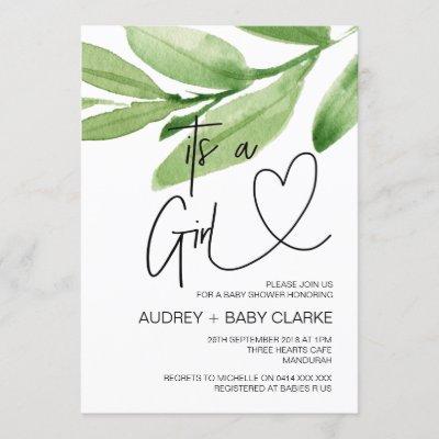 Its a Girl Baby Shower Party Greenery Baby Bash Invitation