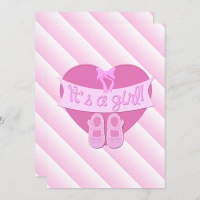 Its a girl Pink Heart Bow Shoes Baby Shower Invite
