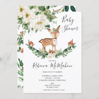 Ivory White Floral Deer Fawn Woodland