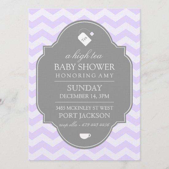 Modern Purple Chevron High Tea Baby Shower Invite