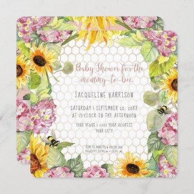 Mommy to Bee Bumblebee Sunflower Pink Hydrangeas Invitation