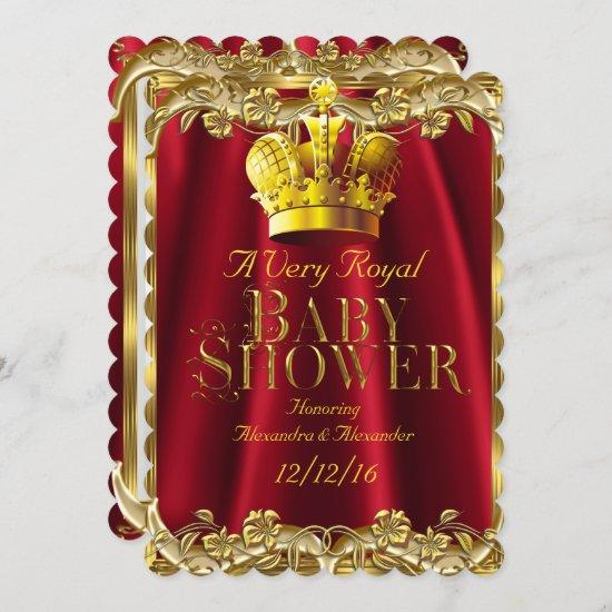 Neutral Baby Shower Royal Regal Red Gold Crown Invitation