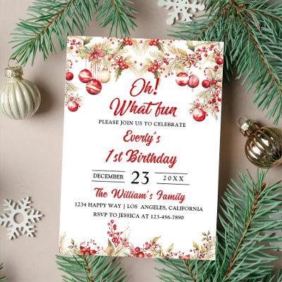 Oh What Fun! Christmas Floral Birthday Party Invitation