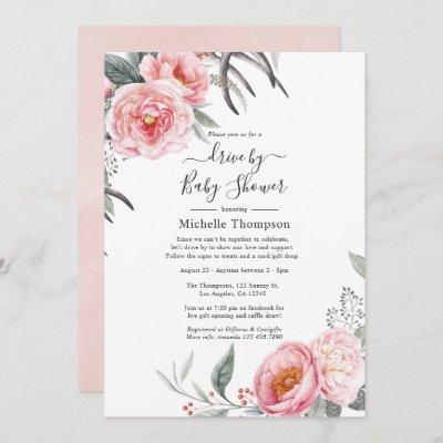Pastel Pink and Grey Boho Floral Drive By Shower Invitation