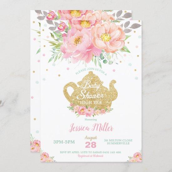 Pink Floral Mint Baby Shower High Tea Party Girl Invitation