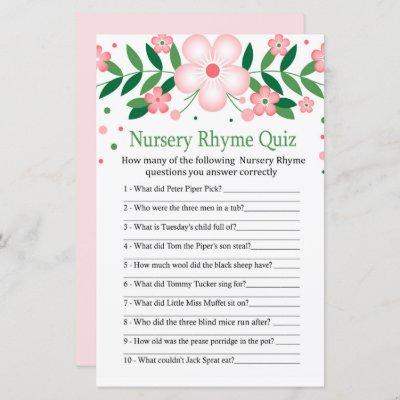Pink Floral Nursery Rhyme Quiz baby shower game